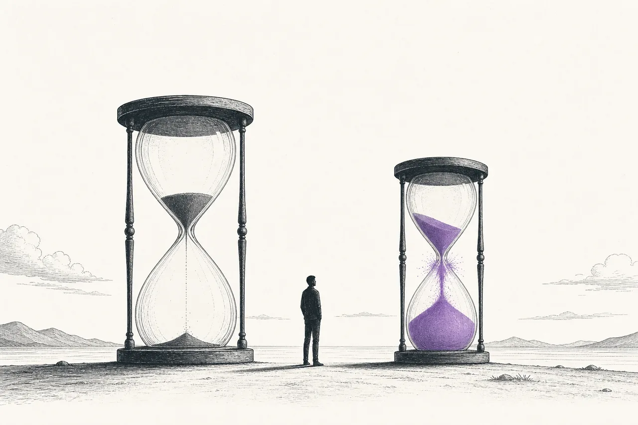 Two hourglasses side by side, one with sand draining slowly over weeks, the other rushing through in just a few hours.