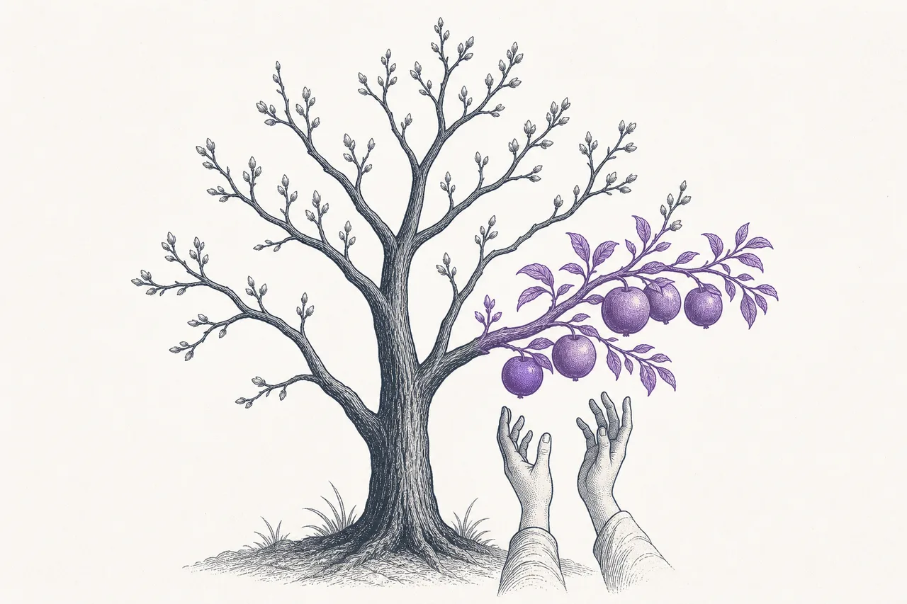 A tree with a single branch already bearing fruit while the other branches are still in bud.