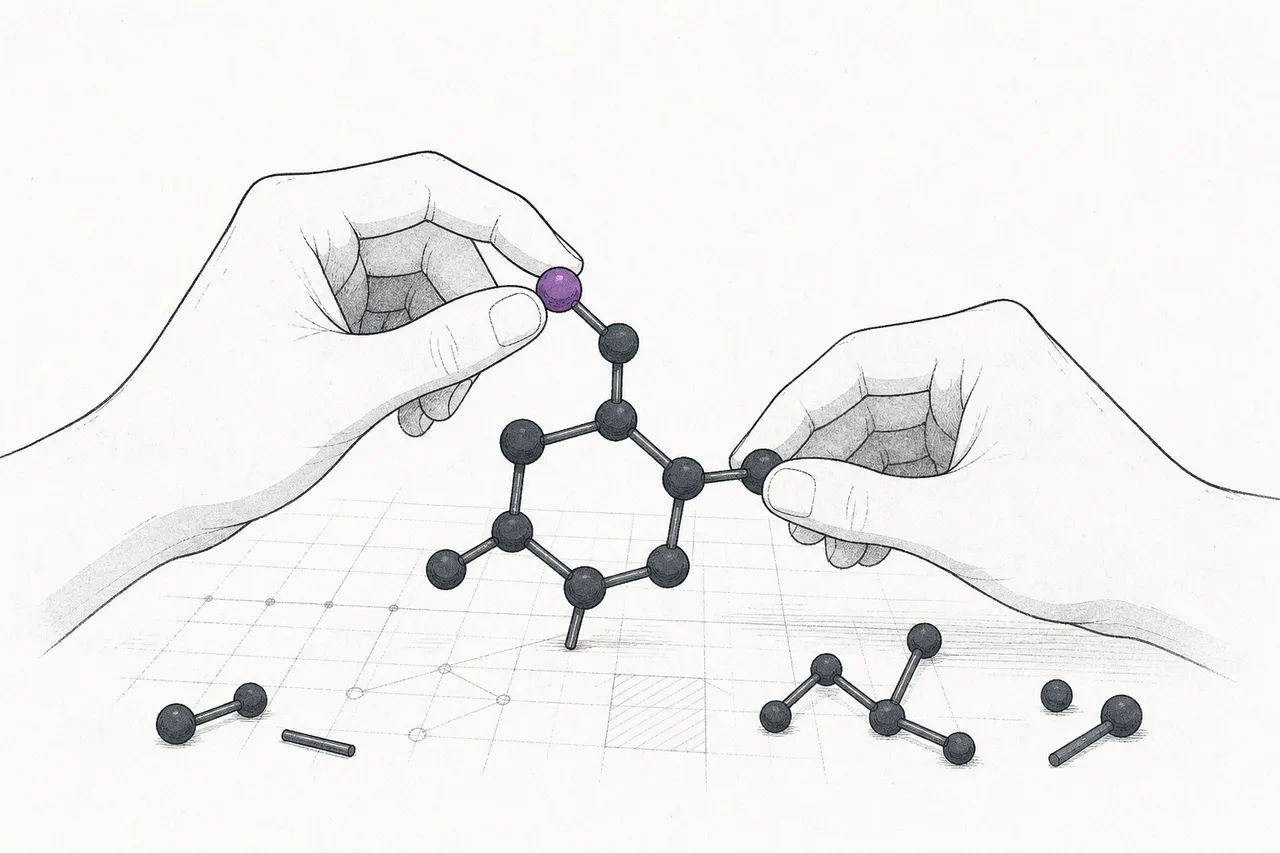 A symbolic illustration: a chemist assembling a molecule piece by piece on a workbench, like an engineer designing a new tool from old parts.