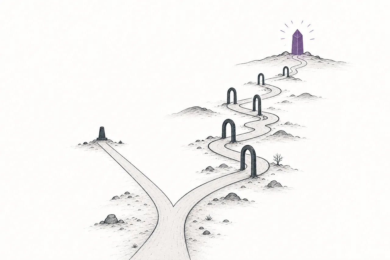 A symbolic illustration: two paths diverging — one short and straight, the other long and winding through several checkpoints — representing the two routes a new-generation drug can take.