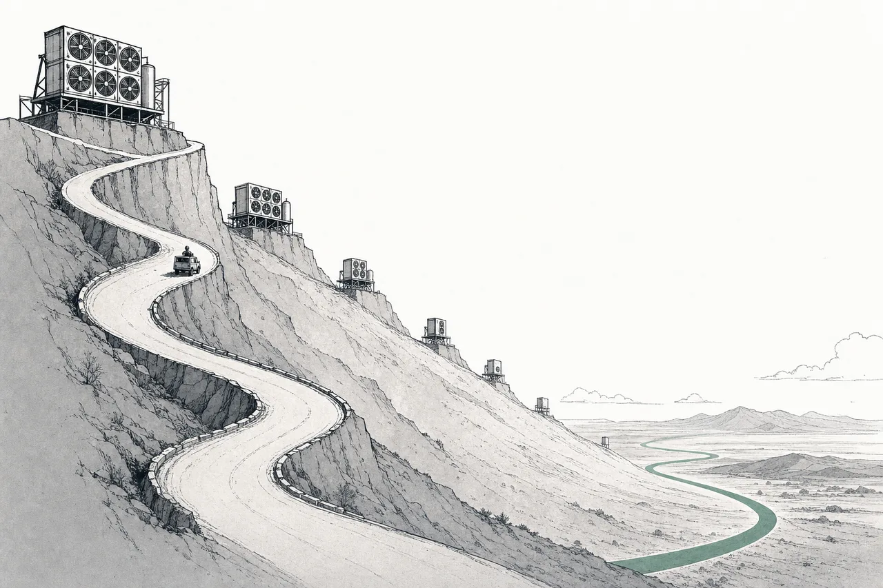 A price curve sloping gently down from a high peak toward flat ground, with carbon-capture factories lined up along the descent