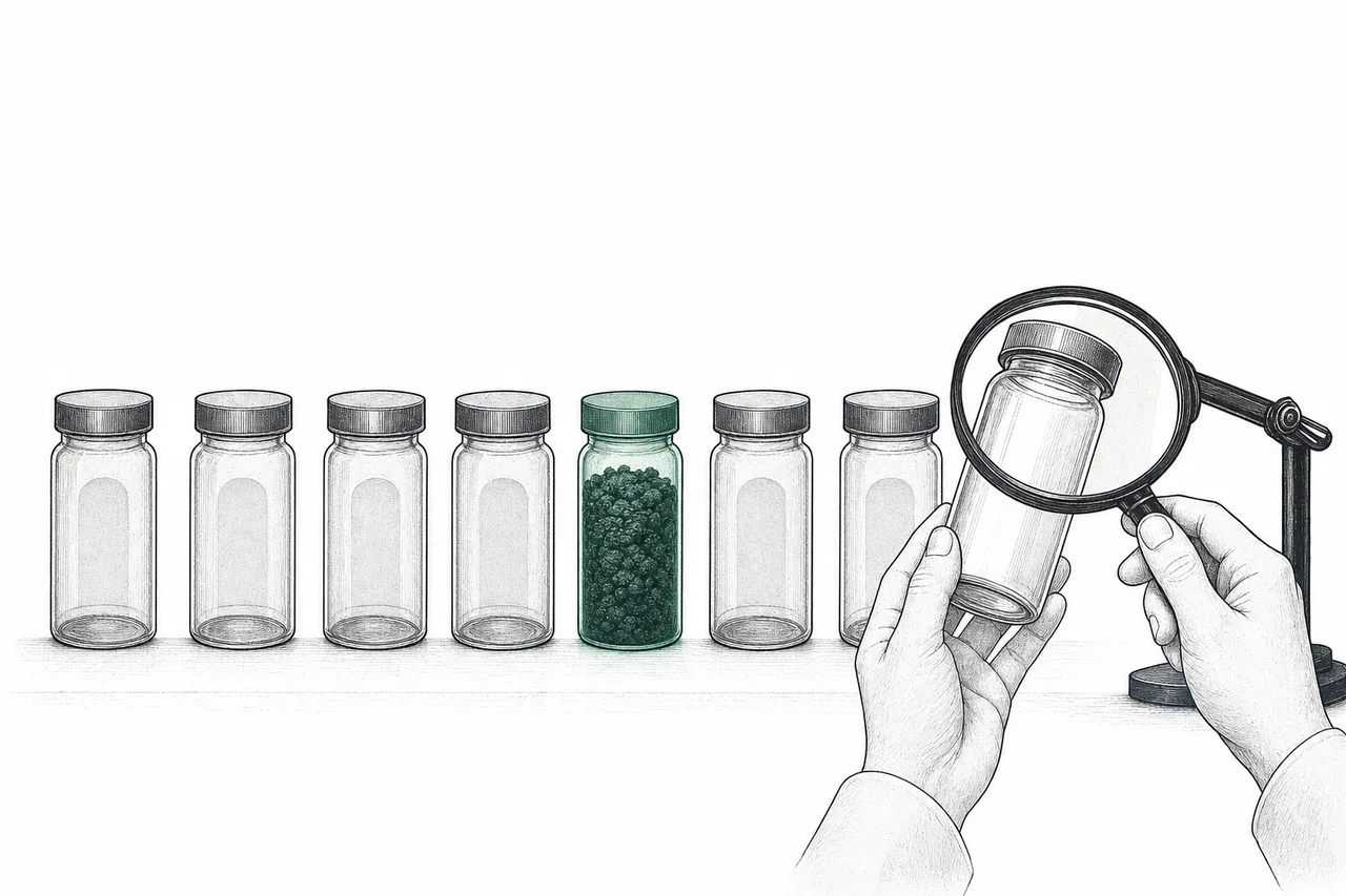 A hand holding up a carbon measuring cup against an inspection light — some cups genuinely full and clear, some hollow and empty