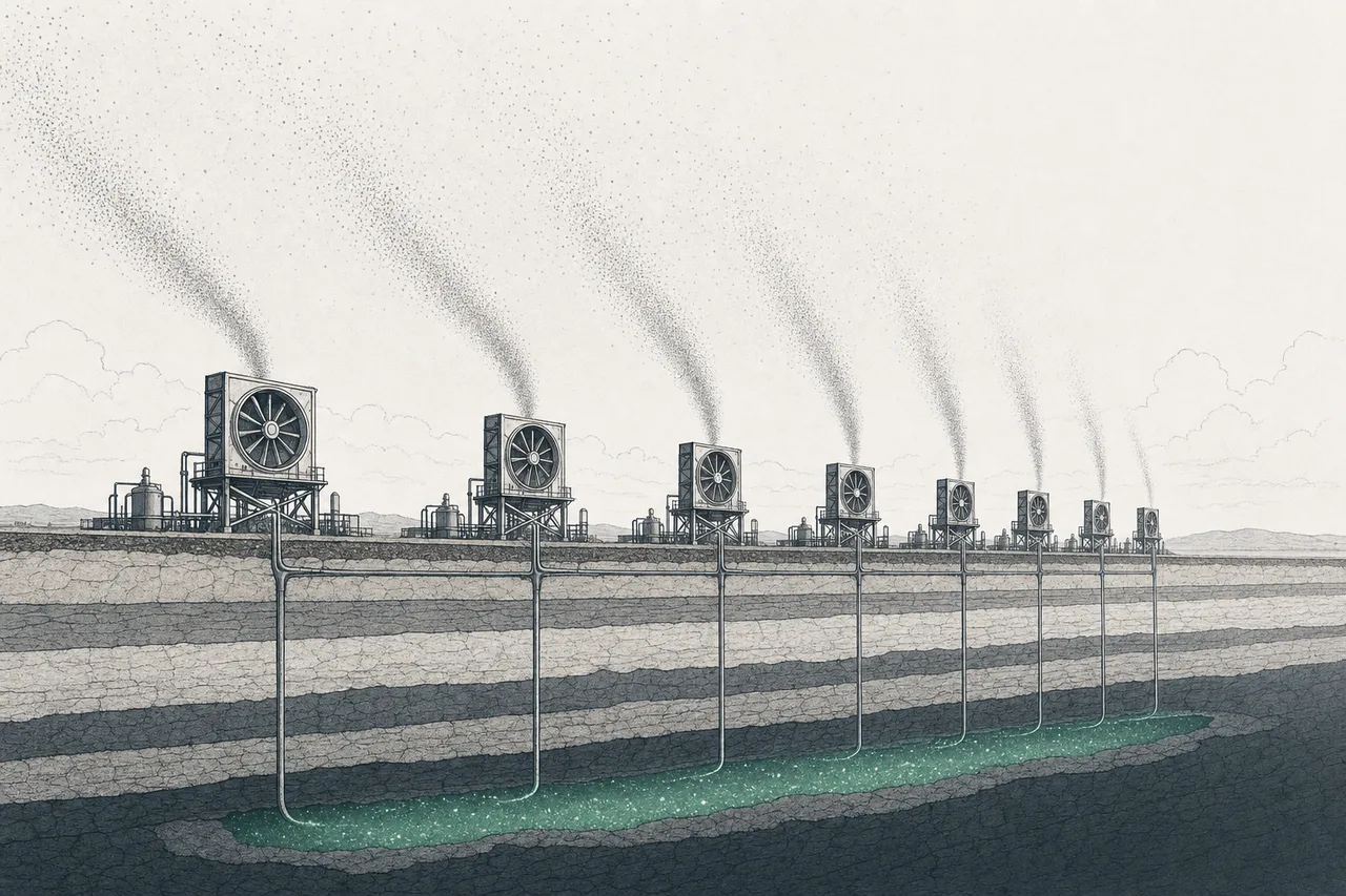 A giant fan-factory sucking in air mixed with CO2, then sending the carbon deep underground to be stored