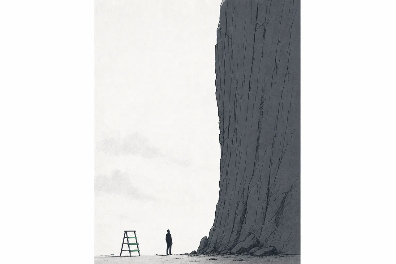 A small ladder leans against an enormously tall, steep cliff, conveying the gap between today's carbon-capture capacity and the 2050 target.