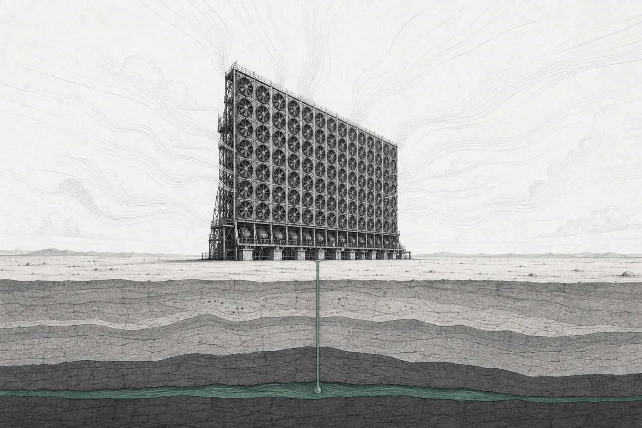 A massive air-intake machine stands in the middle of an open field, drawing in a whole sky of air and sending tiny drops of carbon deep underground.
