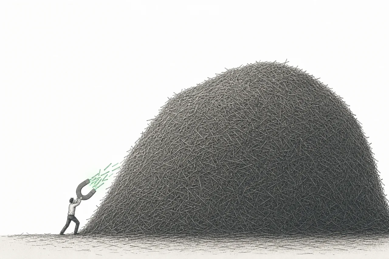 A tiny human figure uses a giant magnet to pull just a few silver needles out of a massive haystack, representing how dilute CO2 is in the air.