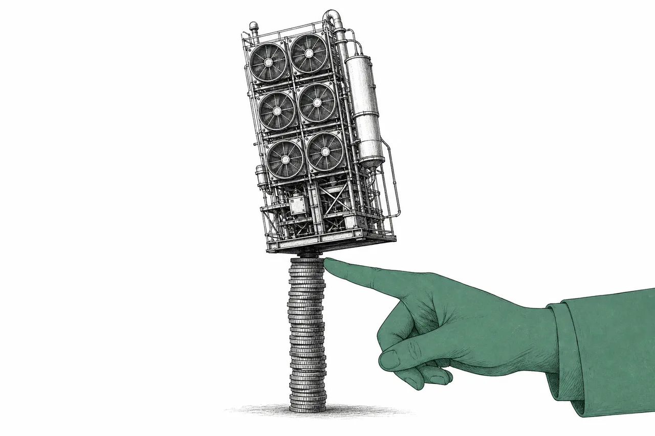 A carbon-capture machine stands on a base made of a pile of coins, held up by a government hand. Pull the hand away and the machine topples.
