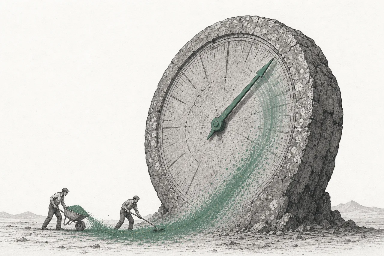 A giant geological clock whose hands turn very slowly, with a tiny person speeding up the hands by grinding rock into powder.
