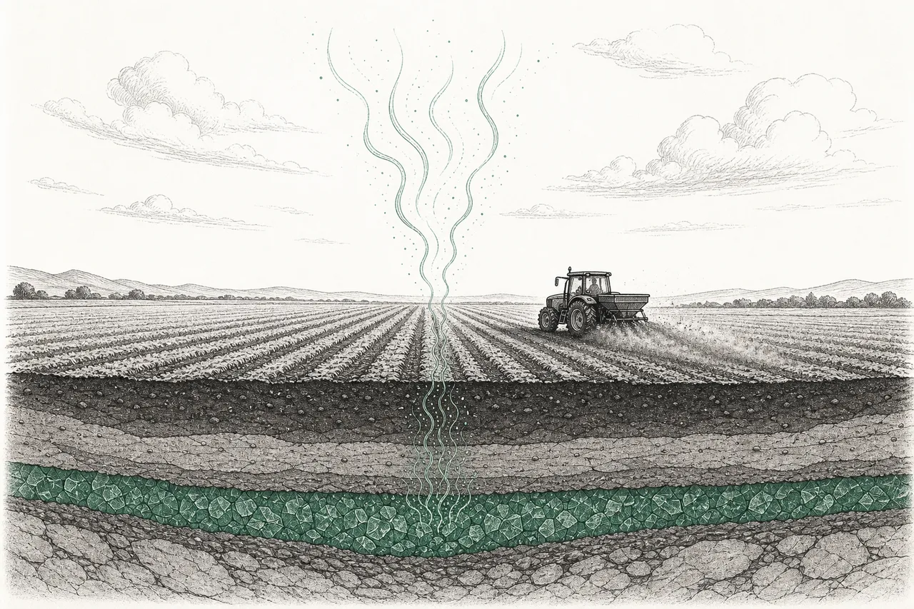 A wide field dusted with dark rock powder, thin lines of carbon flowing down from the air into the soil, then forming a stable rock layer underground.