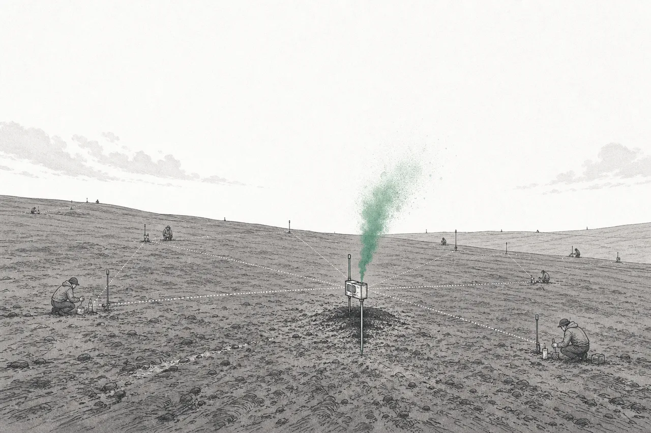 A tiny scientist trying to count and measure the invisible carbon in a vast field of soil, with measuring devices scattered across it — conveying how hard it is to prove.