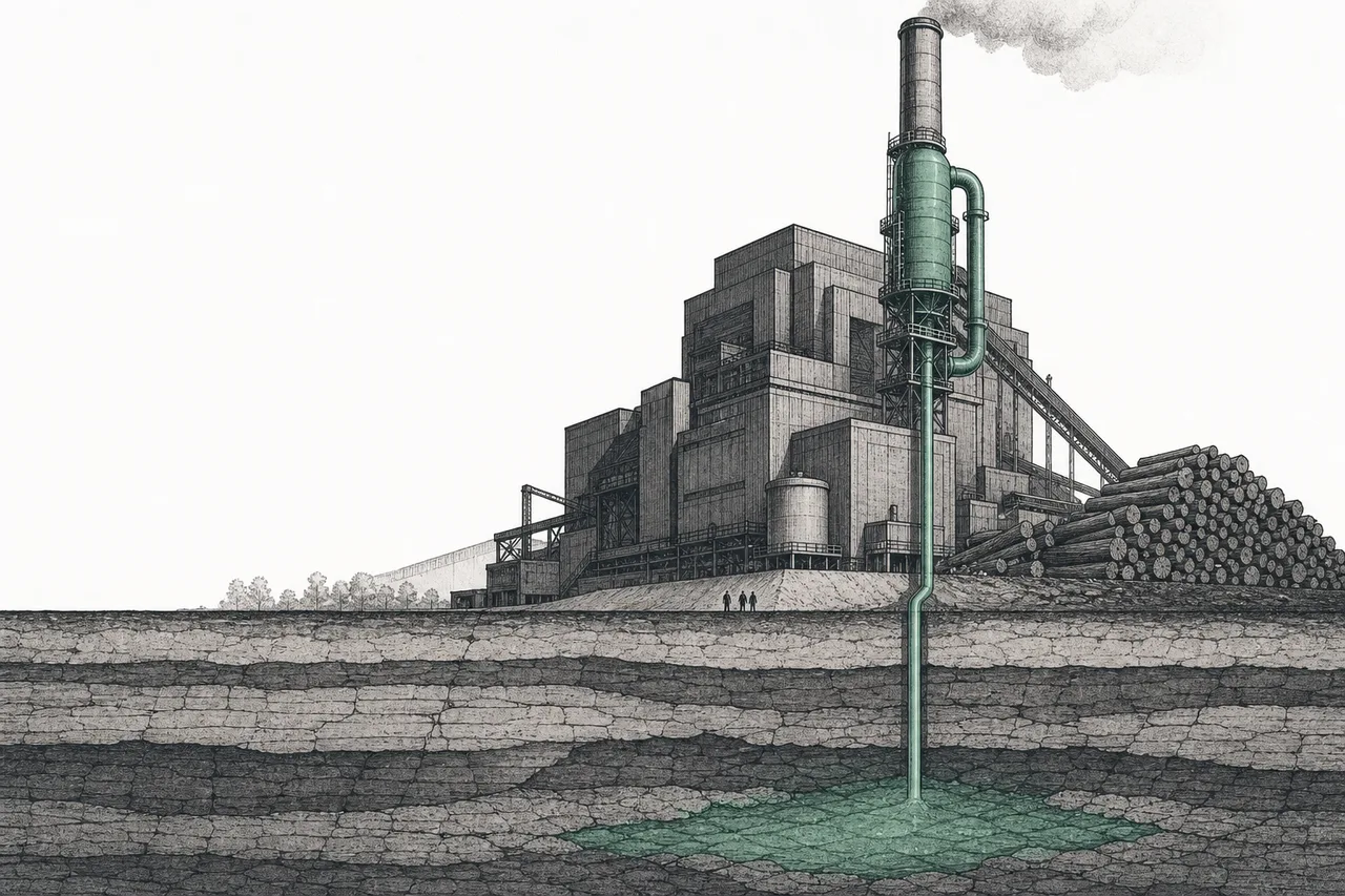 A giant biomass power plant burns logs to make electricity, with a pipe sucking carbon from the stack down to bury it underground; but the building looks huge and expensive.