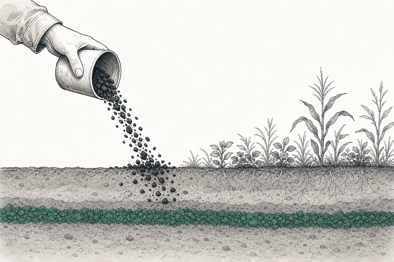 A hand pours black biochar into soil shown in cross-section; the char lies quietly underground for hundreds of years.