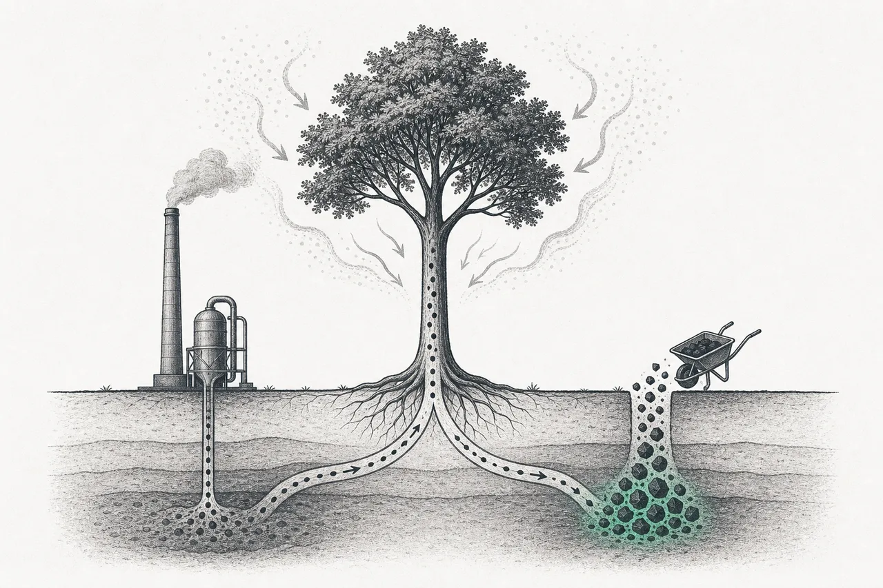 A large tree in the center pulls carbon from the air, then splits into two paths: one heads to a power plant that captures the smoke, the other becomes char buried in the soil.