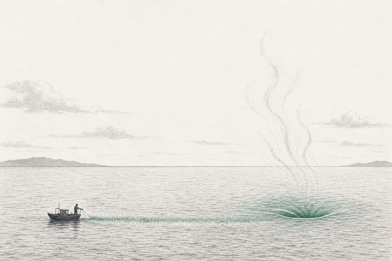 A ship pours a pale alkaline powder into the sea, and the water around it slowly absorbs carbon from the air to refill.