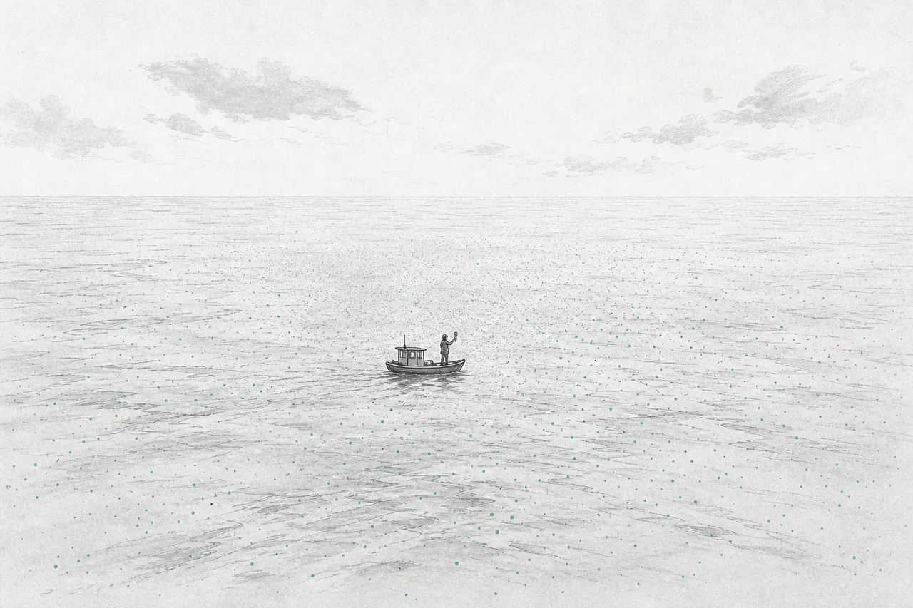 A tiny scientist stands on a boat, trying to use a ruler to measure invisible carbon that scatters and vanishes into the vast ocean.