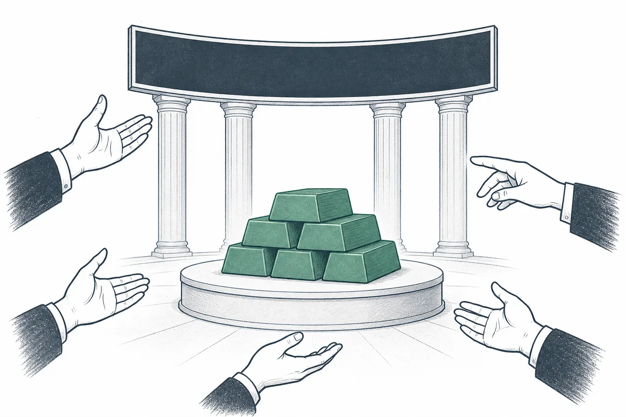 At an exchange, lumps of carbon are converted into standardized coins placed on an auction block, with hands reaching in to trade all around.