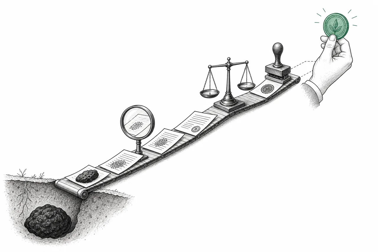 A lump of carbon buried in the ground is converted into a certificate that passes through a scale, a magnifying glass, and a stamp, until it becomes a tradable coin.