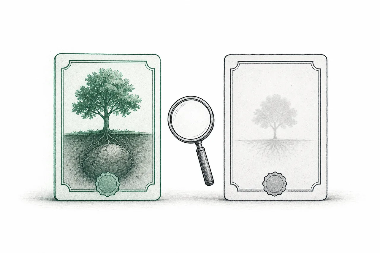Two carbon credits that look identical: one is transparent with a real tree visible inside, the other is hollow, just a shadow.