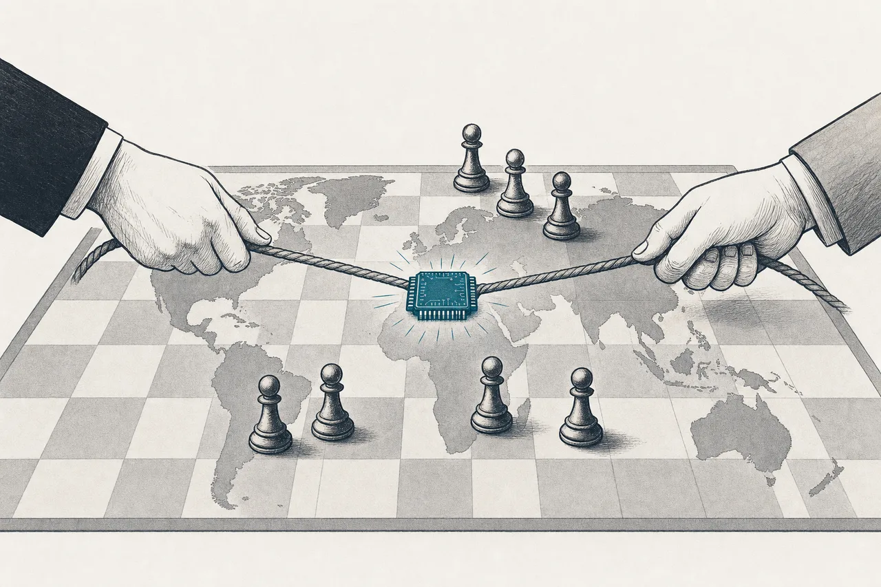 A small silicon chip in the middle of a chessboard shaped like a world map, pulled in two different directions by two sides