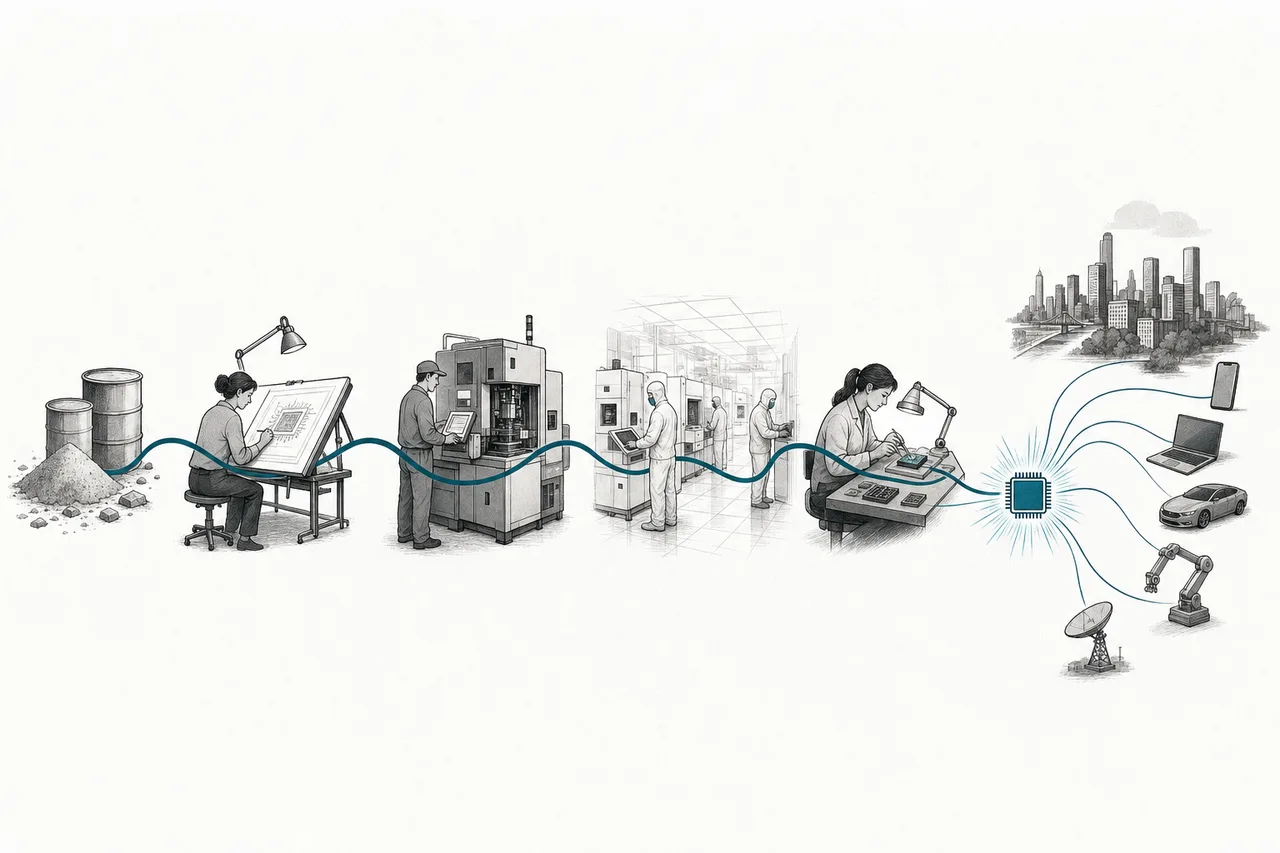 The journey of a chip — raw material handed through a series of specialized stations until it becomes a glowing chip at the end