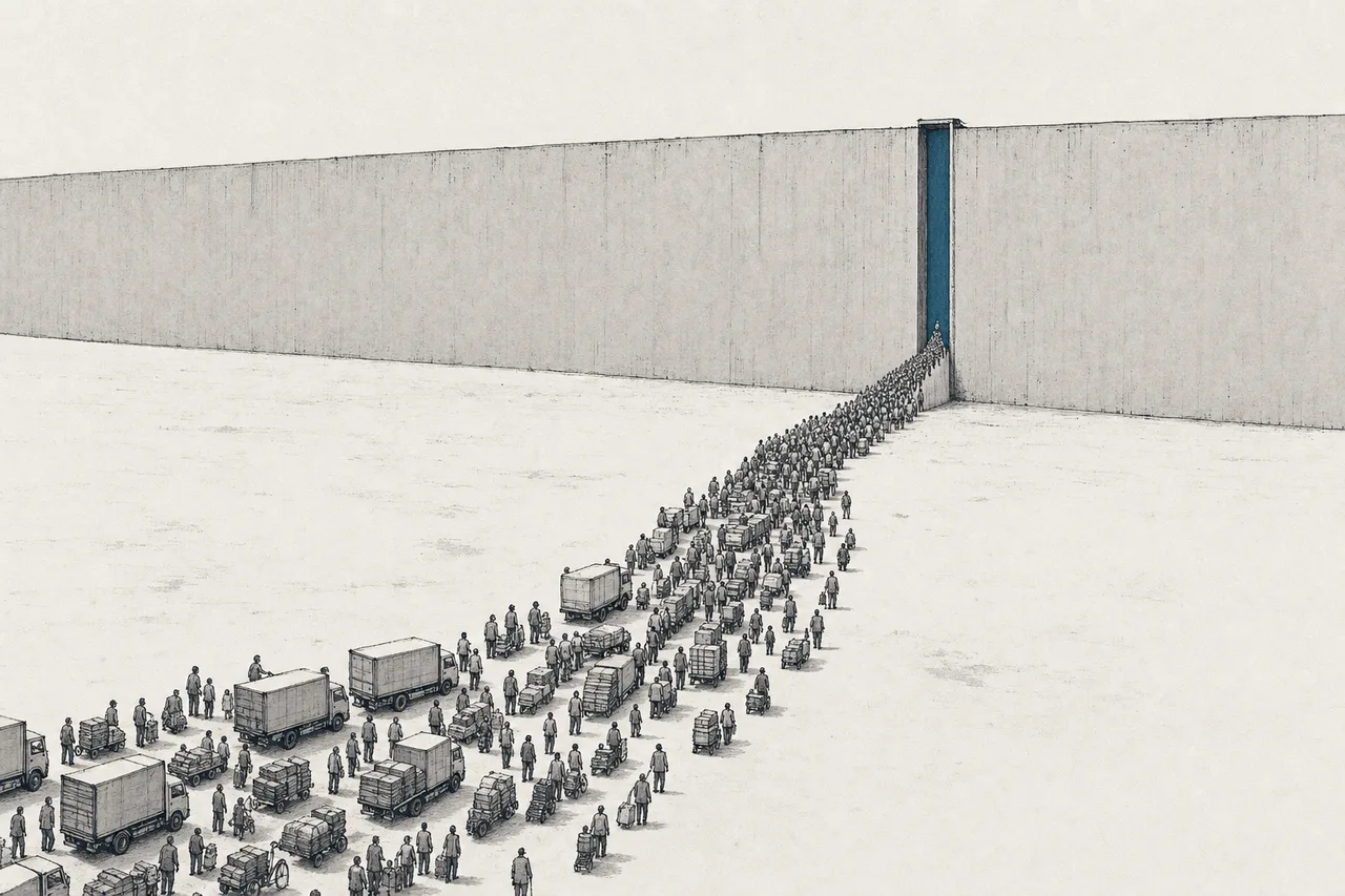 A single narrow gate with a large crowd and many trucks waiting to pass in front of it, conveying a bottleneck everyone has to pass through at one point