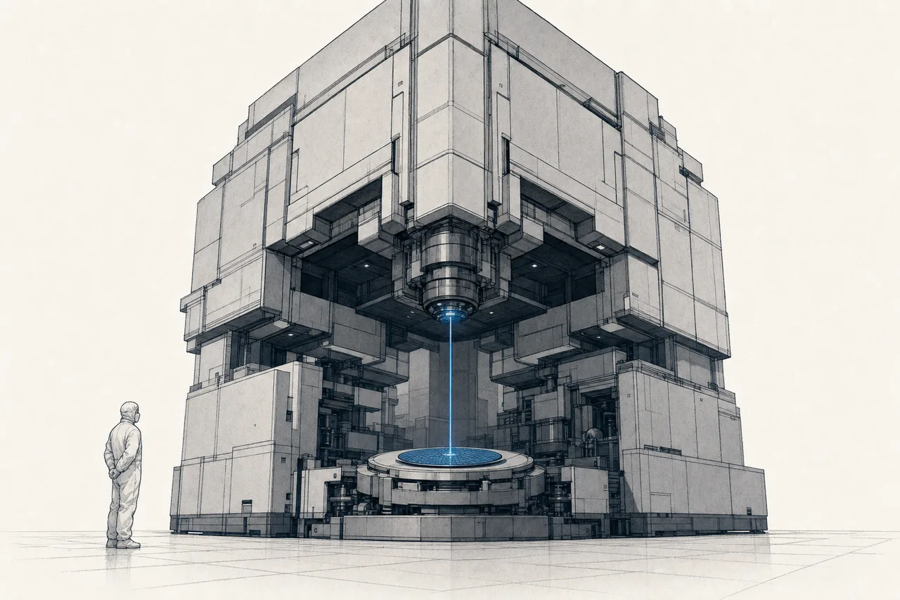 A huge machine in a cleanroom projecting a thin beam of light onto a round silicon wafer, with a tiny technician standing beside it for scale