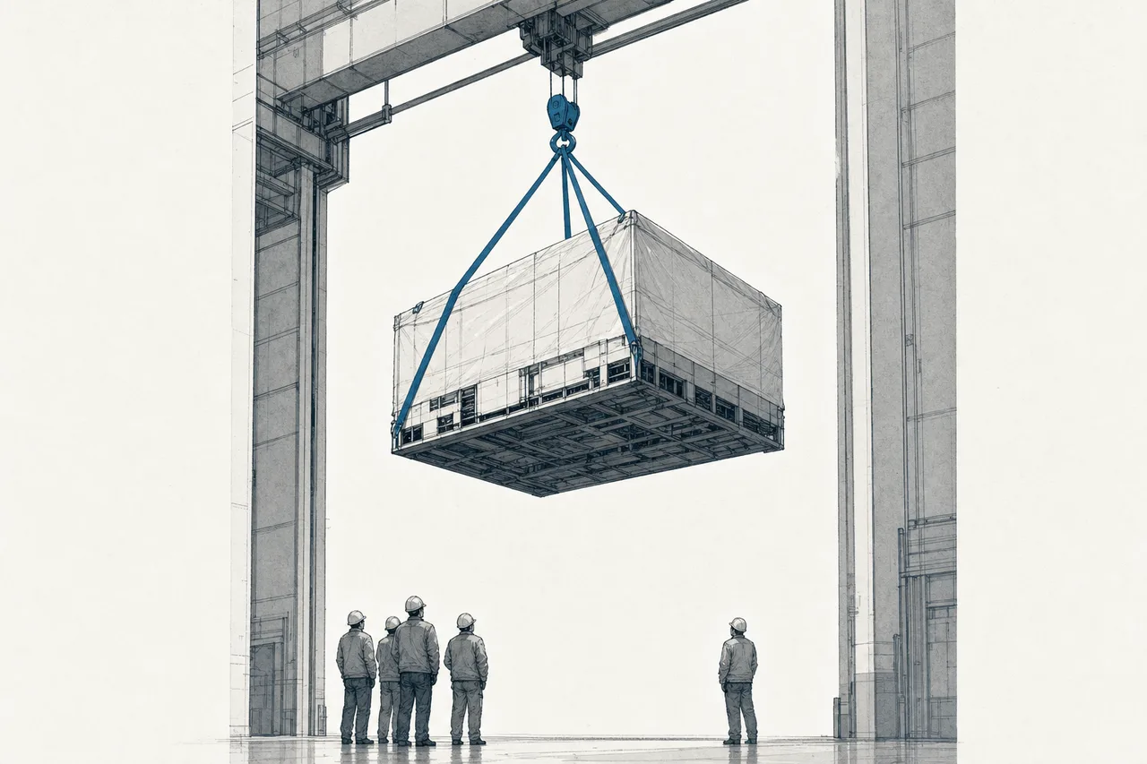 A giant machine the size of a bus being lifted by crane into a factory, with small people standing to watch for scale, conveying the machine's enormous size and cost