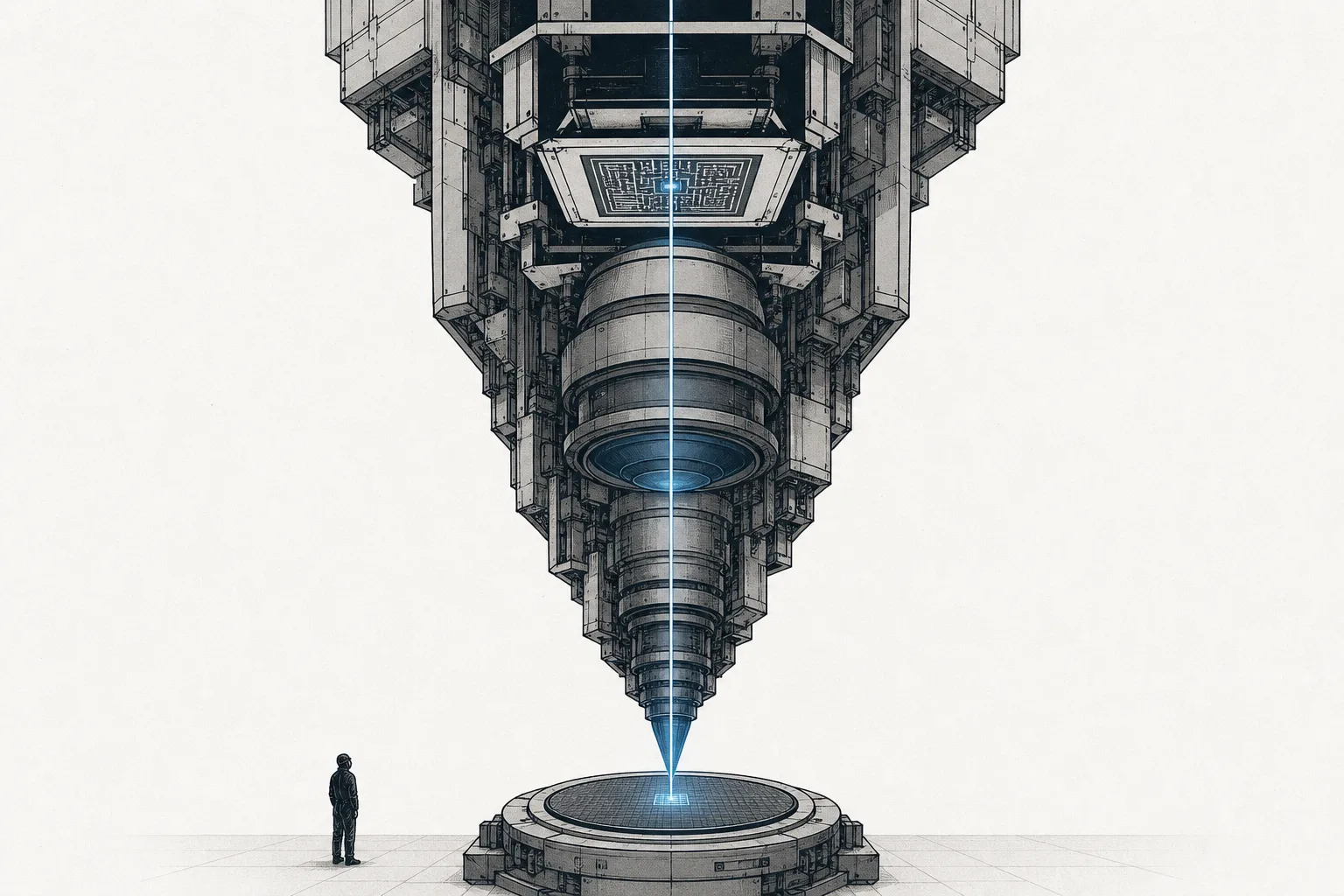 A huge machine in a cleanroom, with a thin beam of light from above passing through a mask etched with a circuit pattern and projecting, shrunk, onto the round silicon wafer below — depicting printing a chip pattern with light