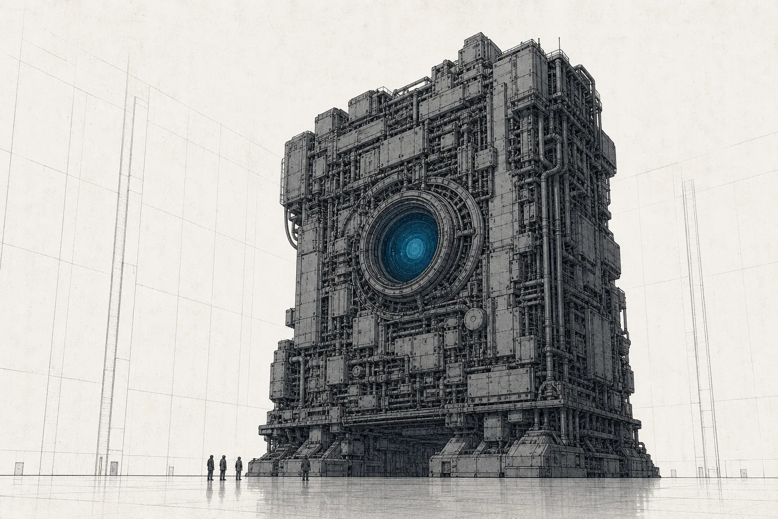 A single giant machine standing alone in the middle of an empty cleanroom, with a tiny person standing beside it for scale — depicting the High-NA EUV machine, the biggest and most expensive in chipmaking history