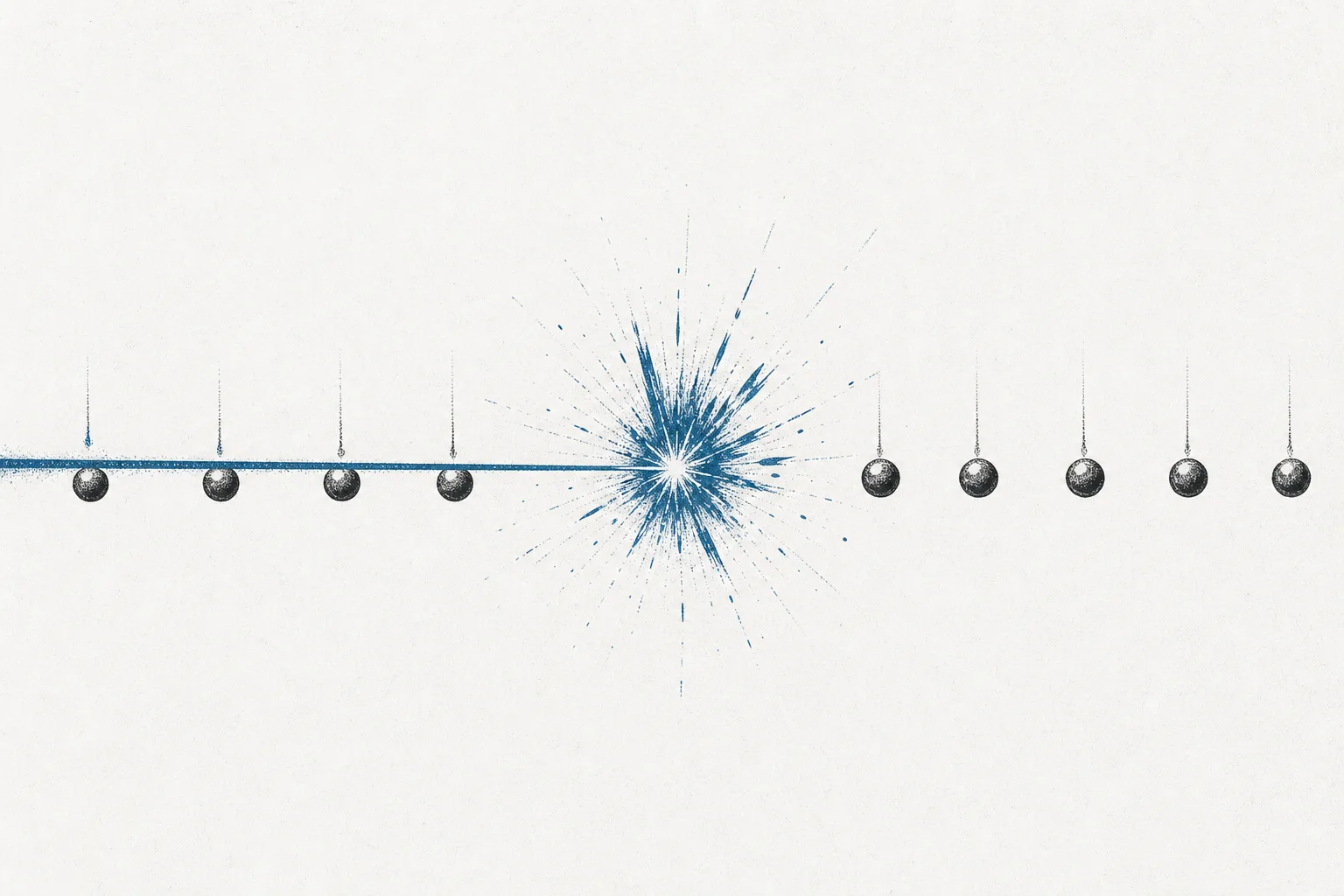 Tiny metal droplets fired in a row in the dark, with a laser beam striking each one so it bursts into a flash of bright light — depicting the creation of EUV light from tin plasma
