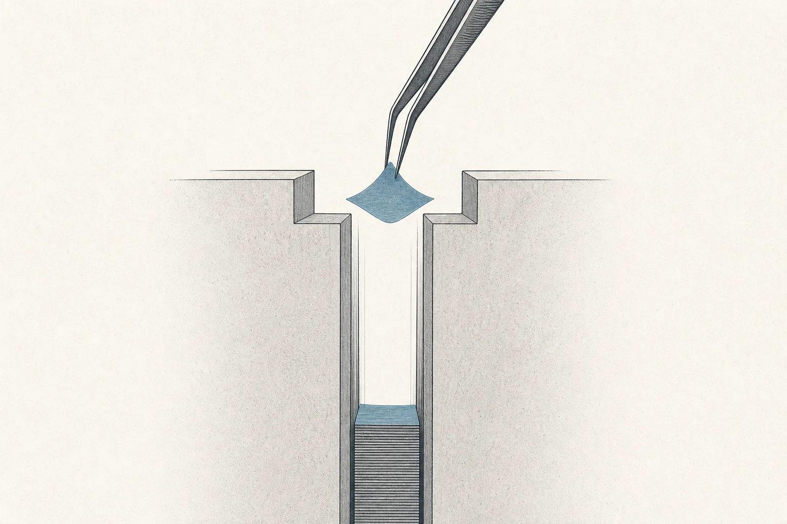 A precise hand placing thin, clear sheets of material one at a time, stacking them into a deep, narrow trench — depicting atomic-layer coating within a vertical chip structure.