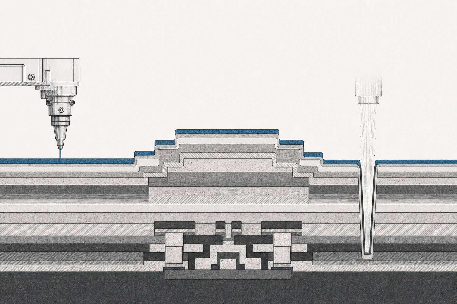 A microscopic silicon surface being built up one layer at a time. A machine's robotic arm sprays a thin film on one side and etches a deep trench on the other, forming stacked layers of transistor structure.