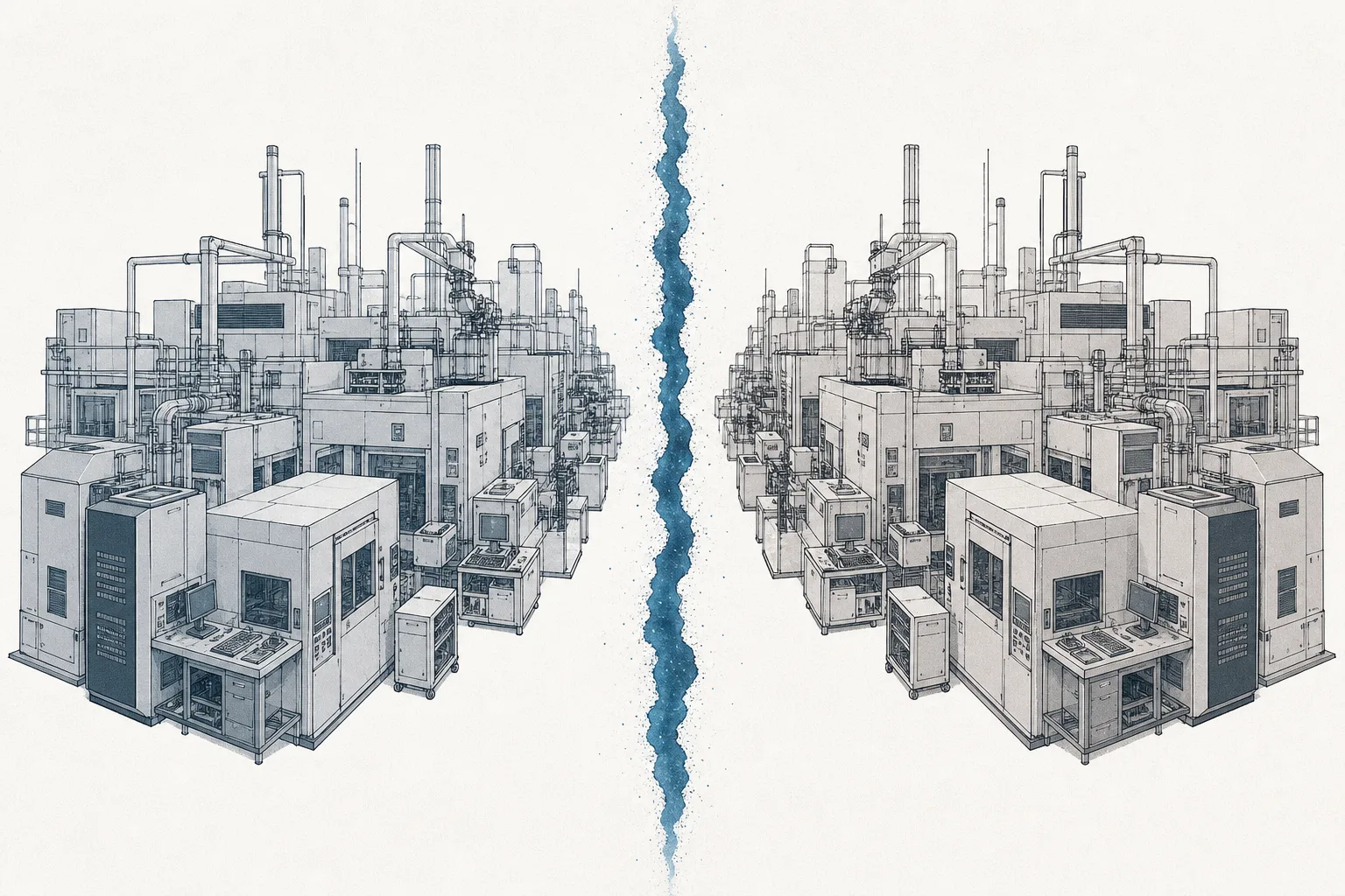A single chip-making factory slowly splitting into two mirror-image halves, divided by a crack down the middle — depicting the chip-making-tool supply chain breaking into two worlds, West and China.