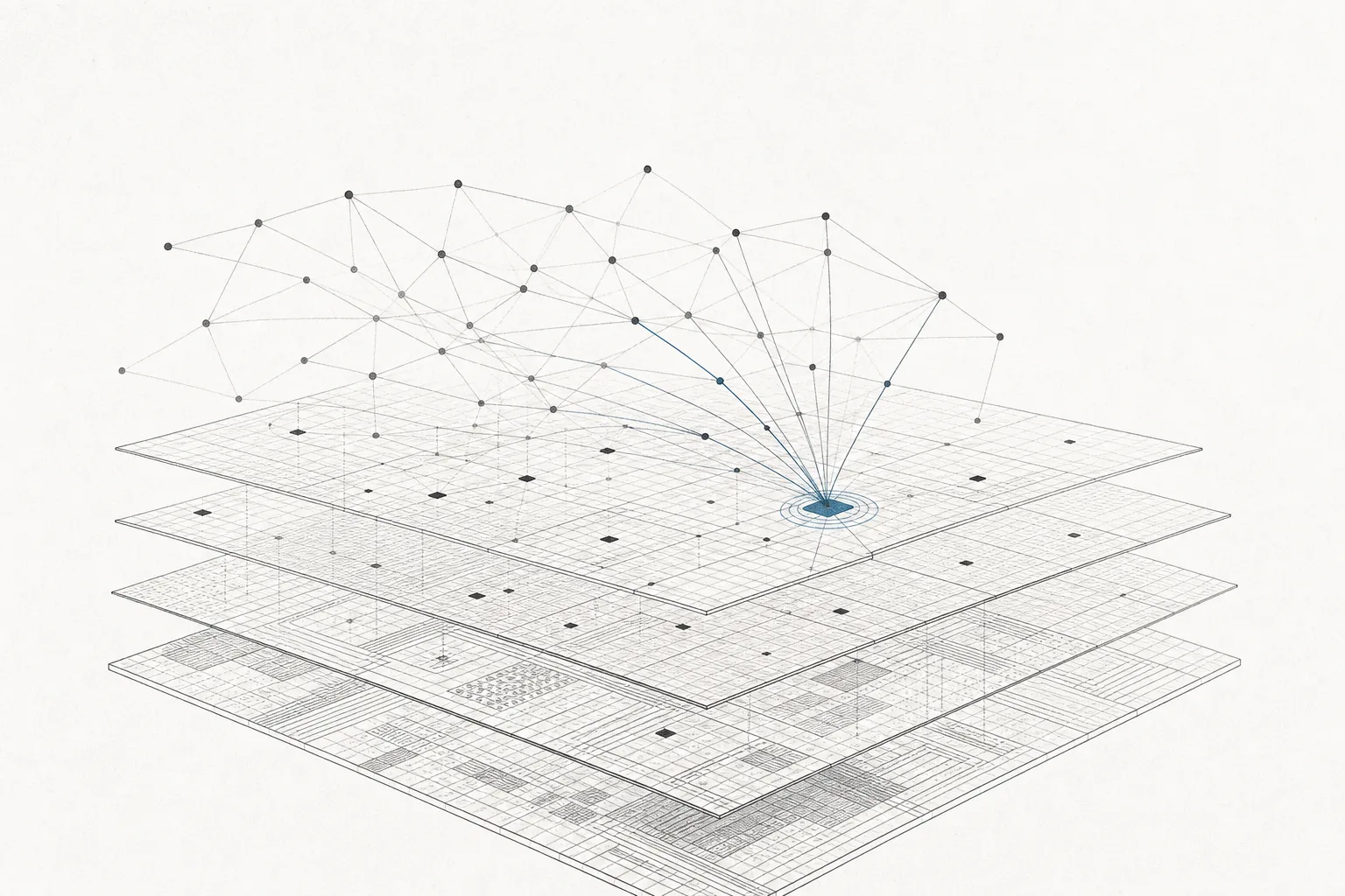 A human eye and an AI-like network of lines work together, looking through the semi-transparent layers of a chip, pointing out and distinguishing real defects from harmless ones. It represents using AI to classify defects on a wafer