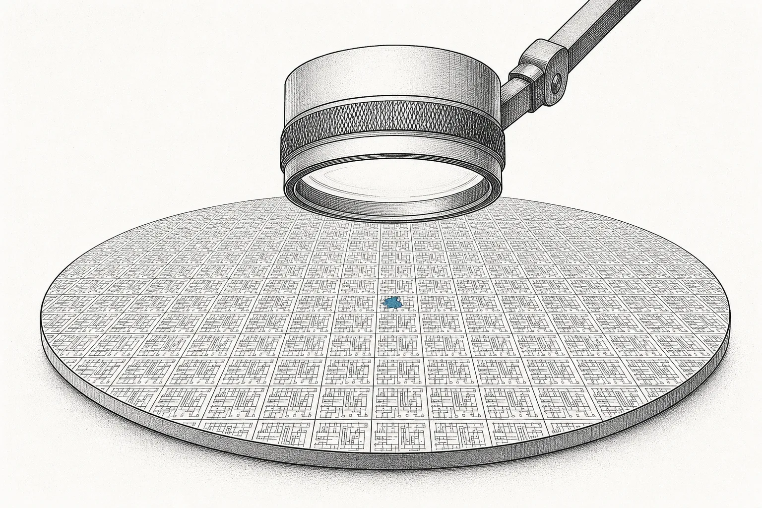 A giant magnifying glass examines a silicon wafer covered in tiny circuit patterns. Under the lens, a single defect lights up among millions of flawless patterns, representing the search for nano-scale flaws on a chip