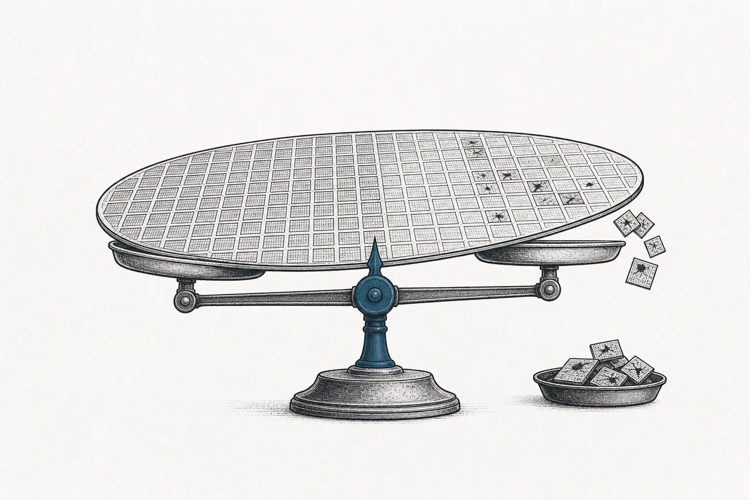 A round silicon wafer sits on a balance scale. One side is packed with gleaming good chips; the other holds a few defective chips that have been culled out. It shows that good chips per wafer (yield) decides a chip fab's profit or loss
