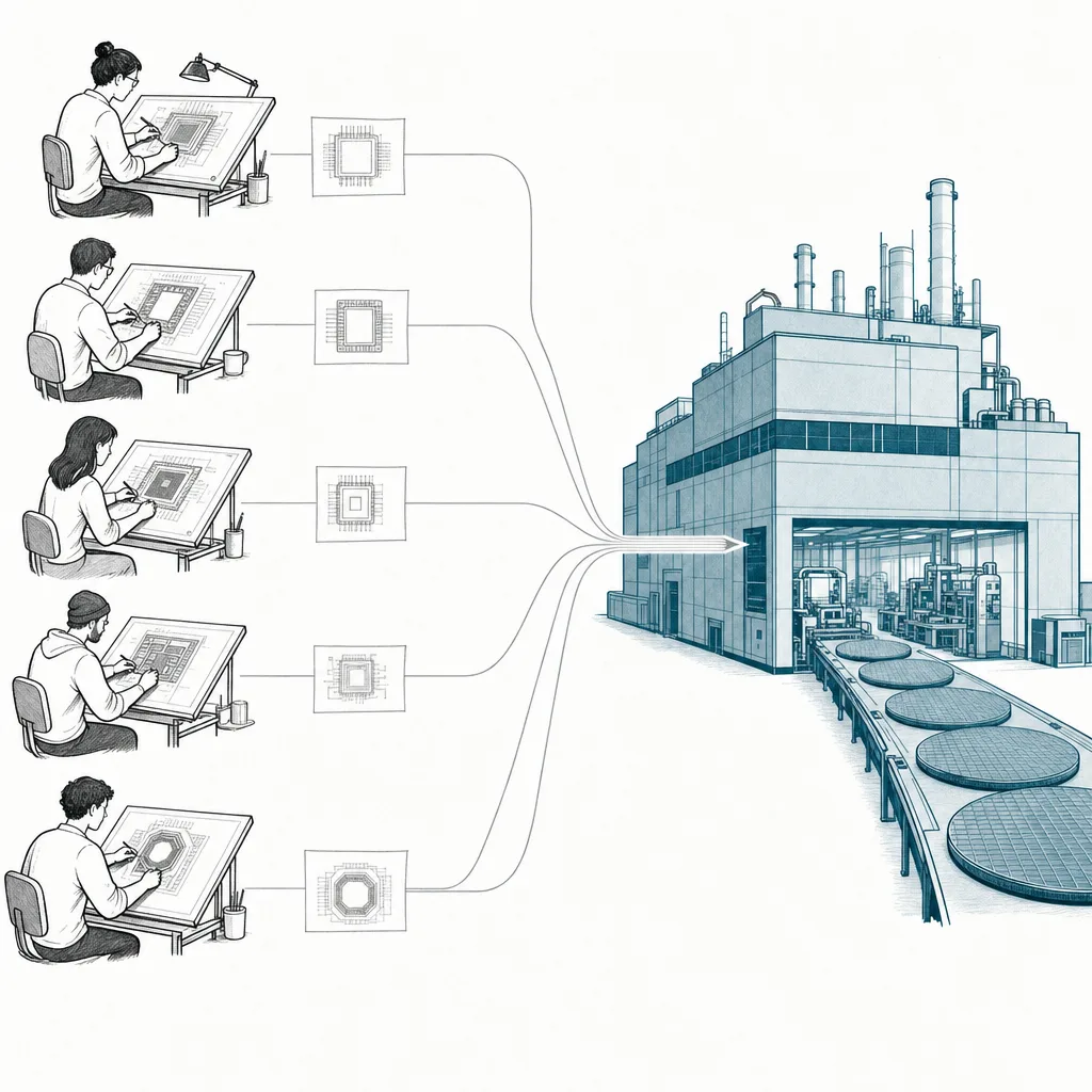 Several design houses each drawing a different chip blueprint, all flowing into a single chip factory