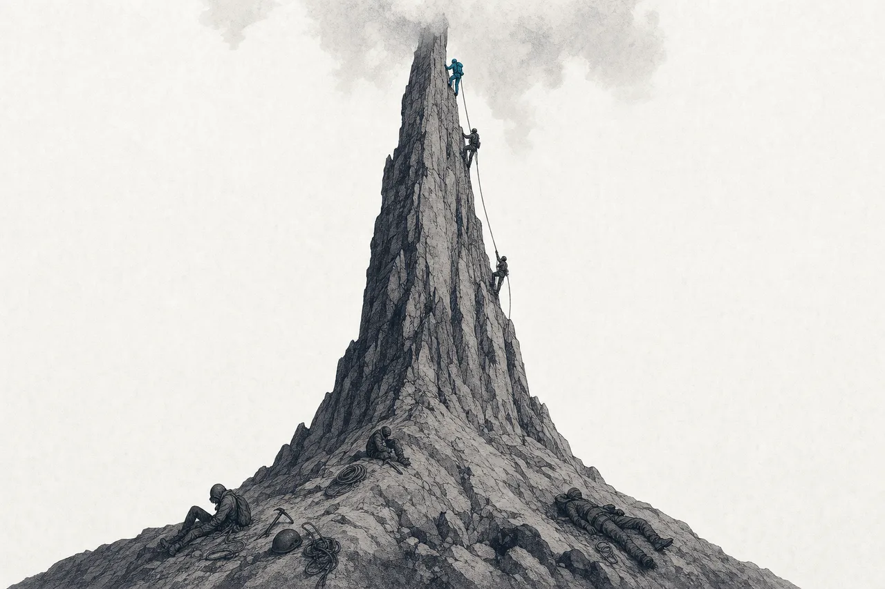 A steep rocky peak representing 2-nanometer technology, with only a few climbers near the summit while others have given up partway