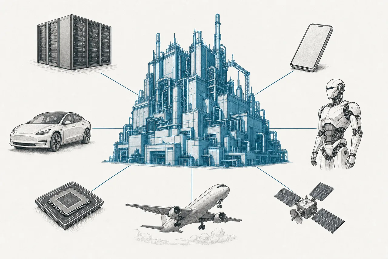A massive chip factory at the center, with AI servers, smartphones, electric cars, robots and satellites radiating out from it like the spokes of a wheel