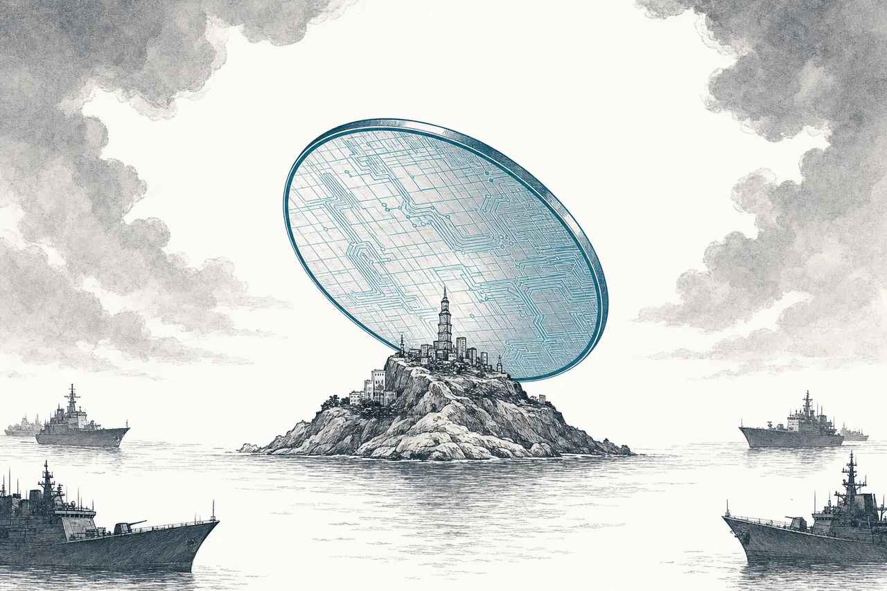 A small island raising a giant silicon wafer as a shield to protect itself amid storm clouds and pressing ships