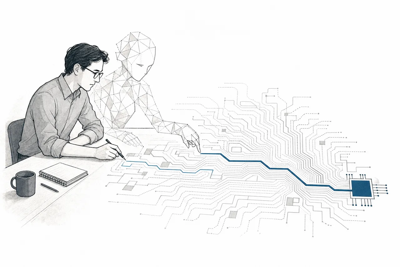 An engineer sitting beside an abstract machine-brain-like assistant, the two drawing circuit paths on a chip together
