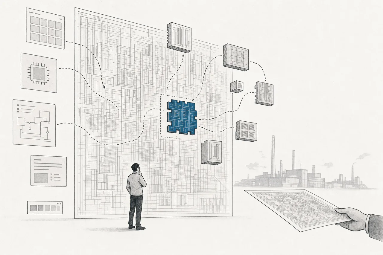 A tiny architect standing before a giant chip blueprint, with software tools and ready-made circuit blocks floating in to assemble into a design before it's sent to the fab