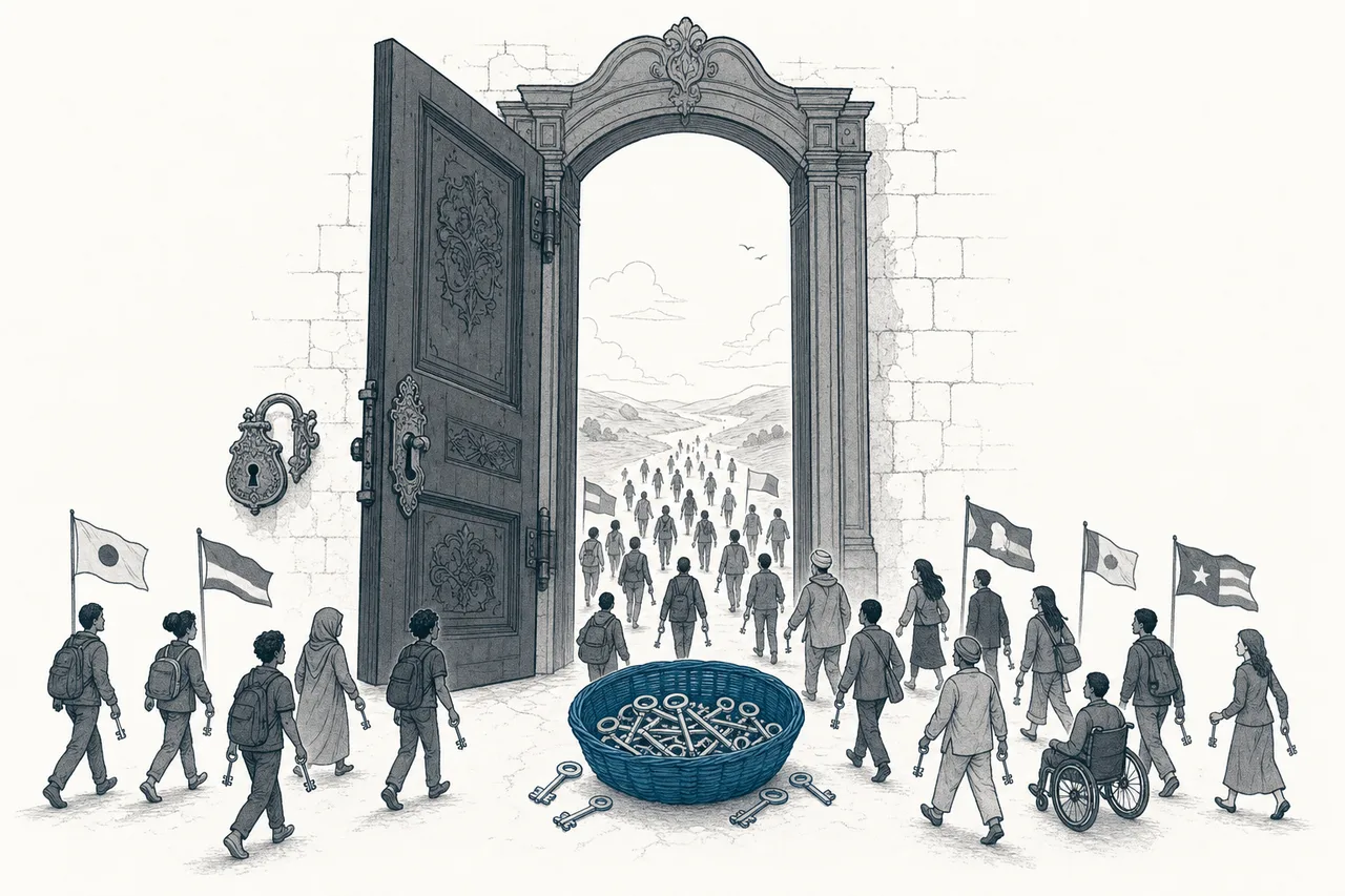A large gate once locked with an expensive key is replaced by a basket of keys anyone can take for free, with several small figures walking through the gate