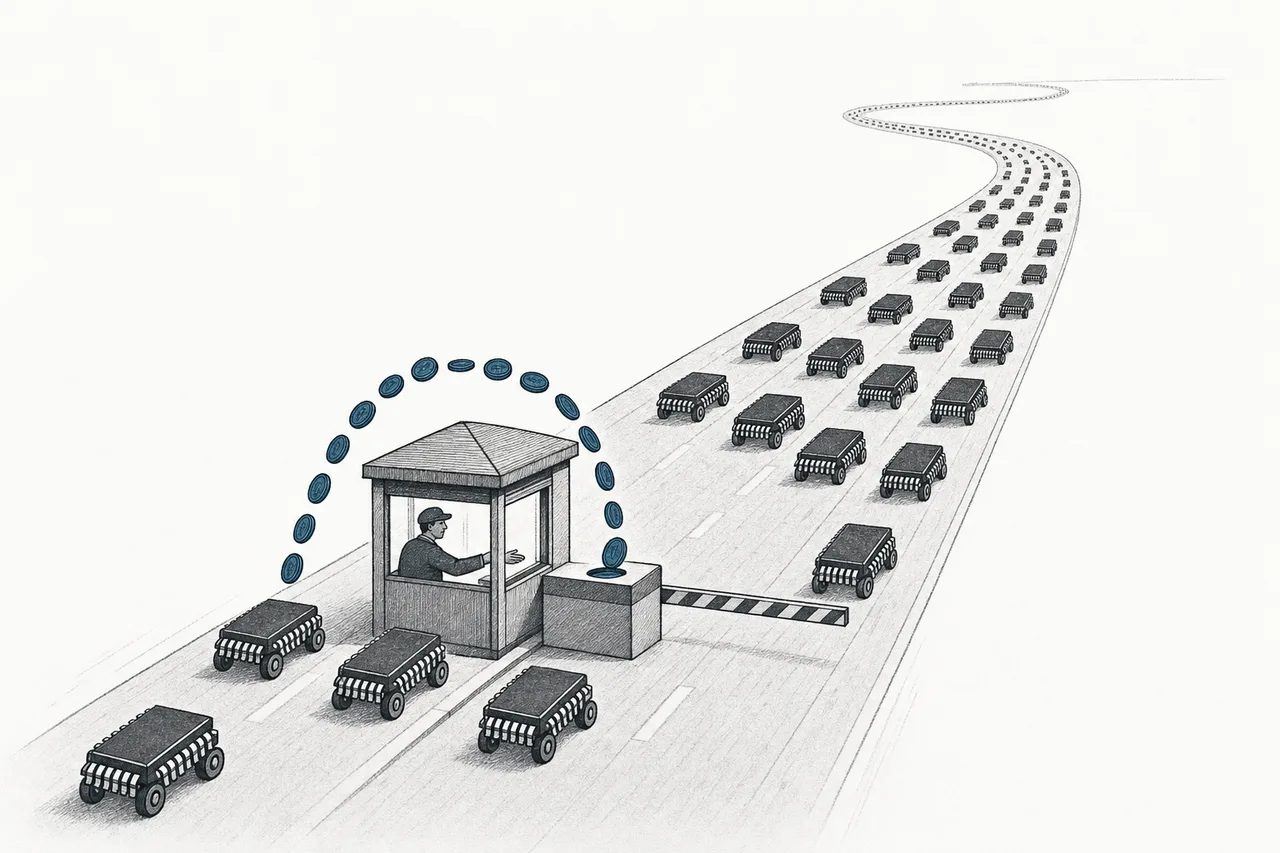 A road with countless chips driving past, each dropping a small coin at a tollbooth; the booth's owner makes nothing but collects a toll from every one