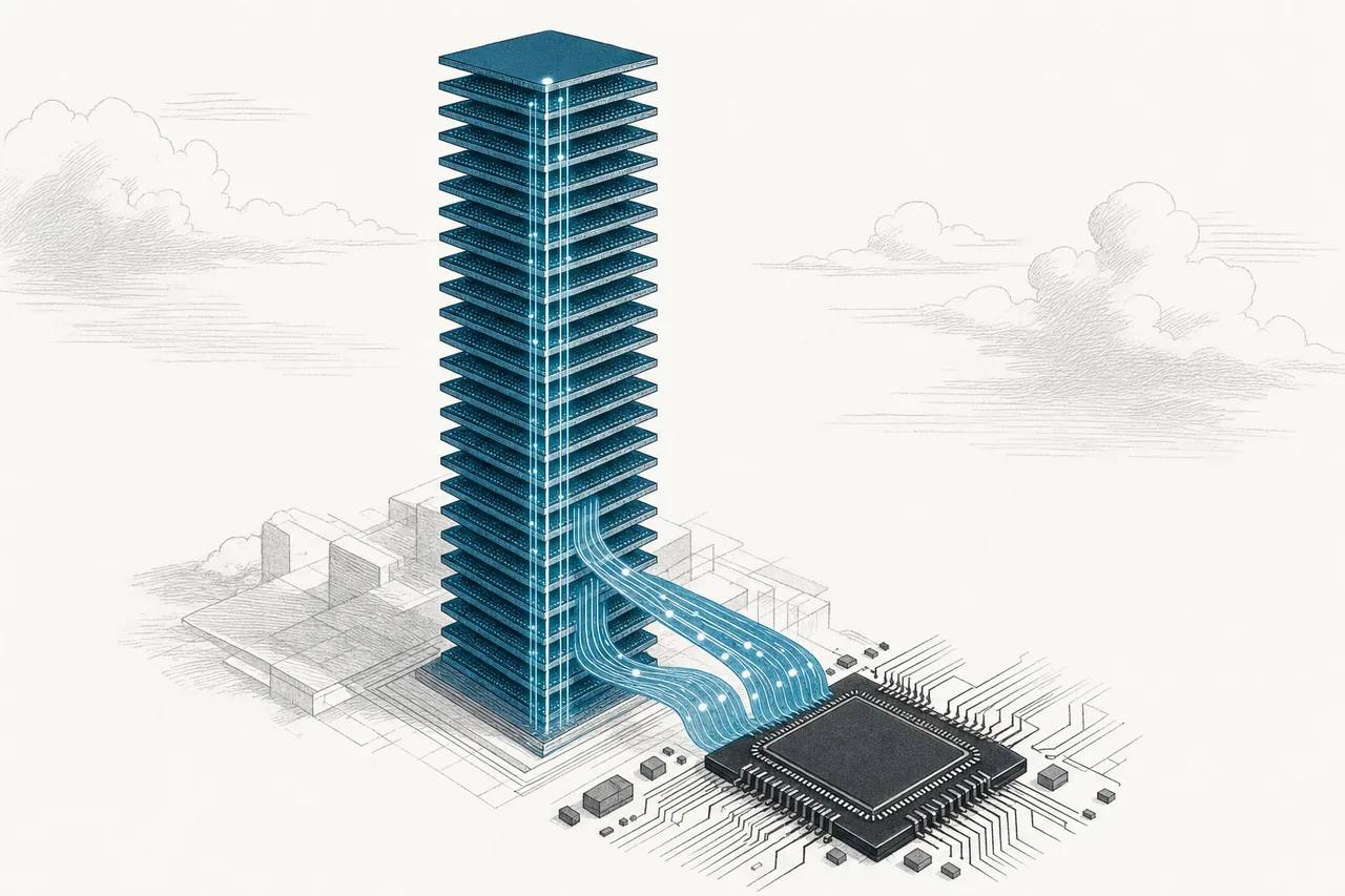 A tower of memory stacked vertically in many layers, with connection holes through every layer, feeding a huge stream of data to the AI chip beside it