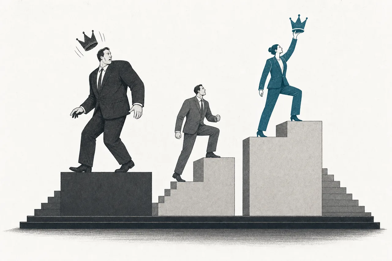 A three-tier podium. A small player steps onto the top with a crown, while the big former champion steps down, surprised.