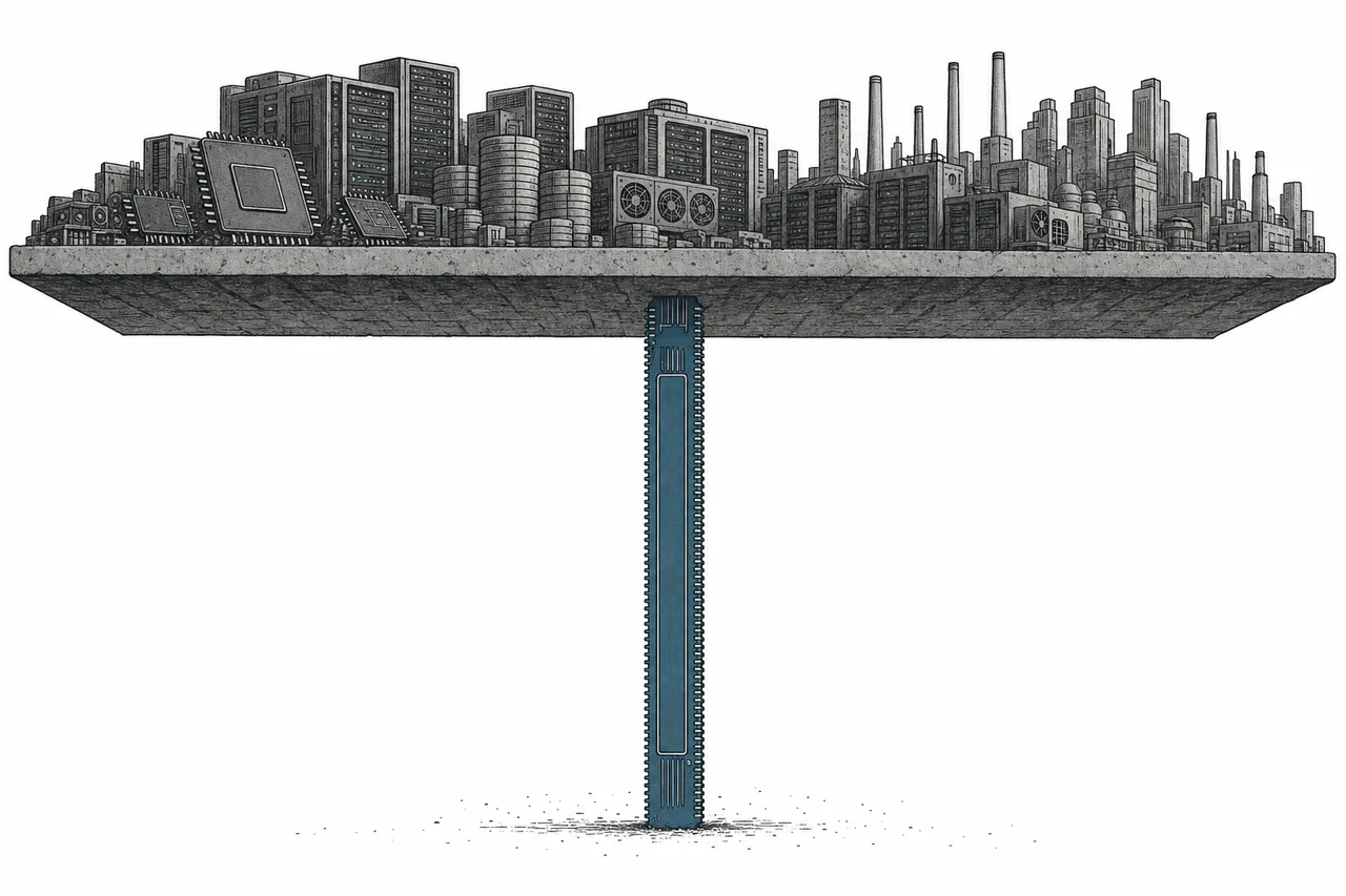 A single massive pillar supporting the whole structure, conveying a market that stands on one lone pillar of AI demand