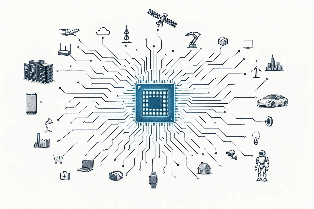 A giant processing chip at the center, sending out threads of thought to feed the data centers, phones, cars, and robots around it