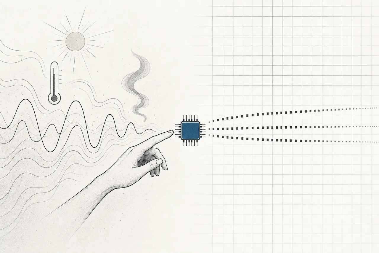 A human hand reaches in from the real-world side, full of light, sound and heat, to touch a square chip in the center; the other side is a digital world of 0s and 1s flowing away