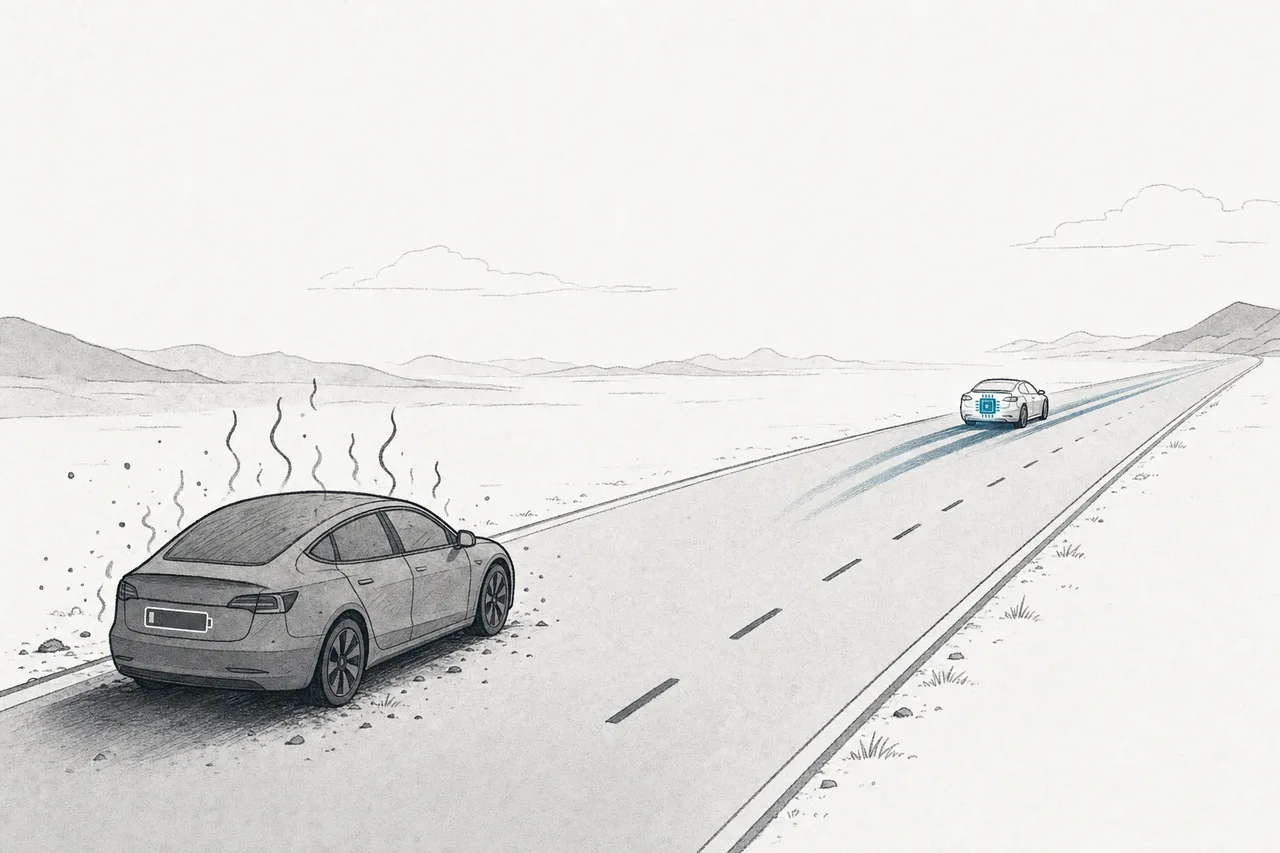 Two EVs driving side by side; the one with SiC chips runs farther and cooler, while the one with ordinary silicon runs hot and drains its battery faster